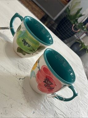 The Pioneer Woman Floral Ceramic Mugs with Teal Interior and Handles - Set of 2